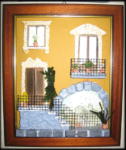 quadro in rilievo, facciata con scalinata e arco