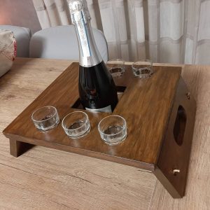 vassoio legno porta bottiglie e bicchieri